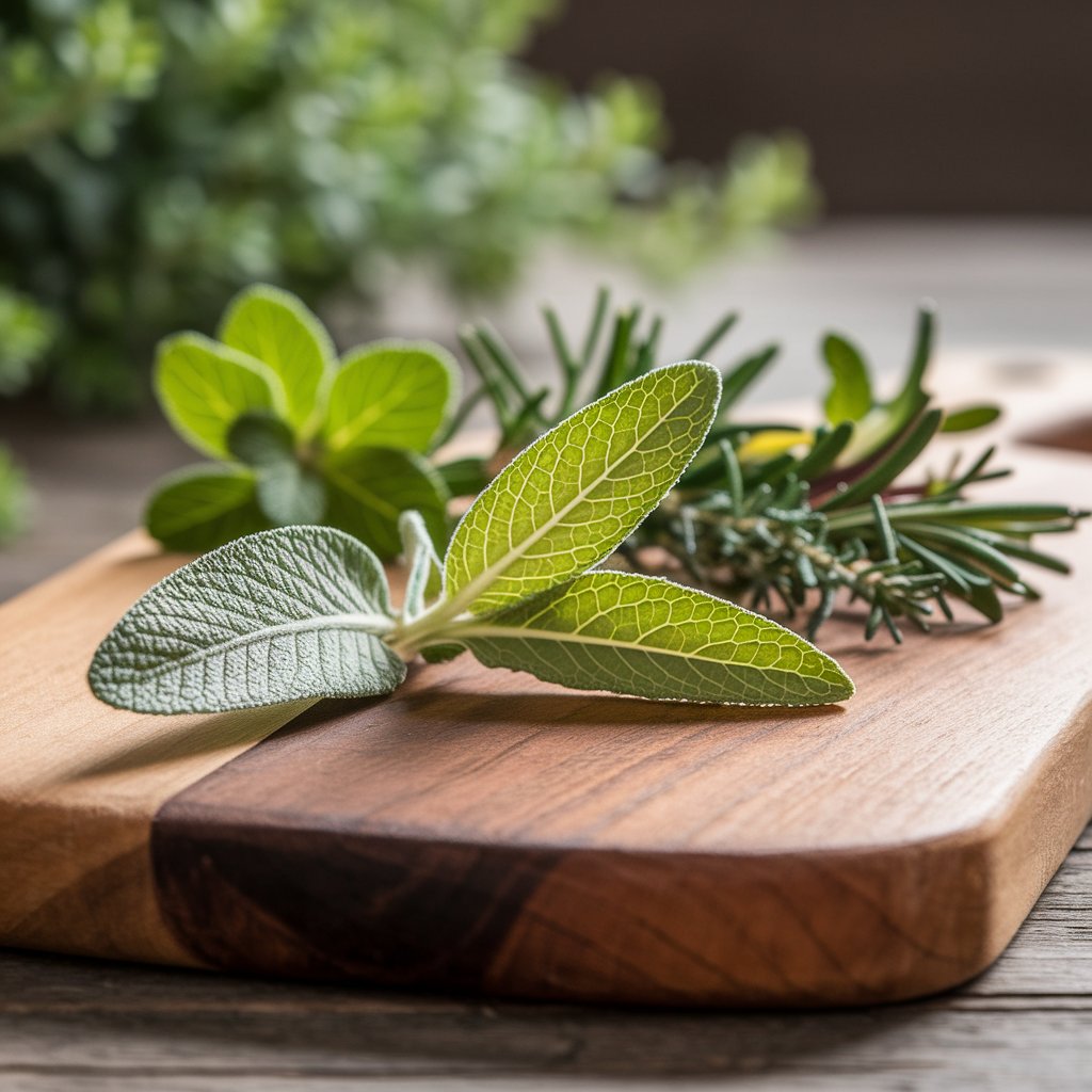 A wooden cutting board with fresh organic herbs, including sage, rosemary, and oregano, symbolizing natural health and wellness benefits.